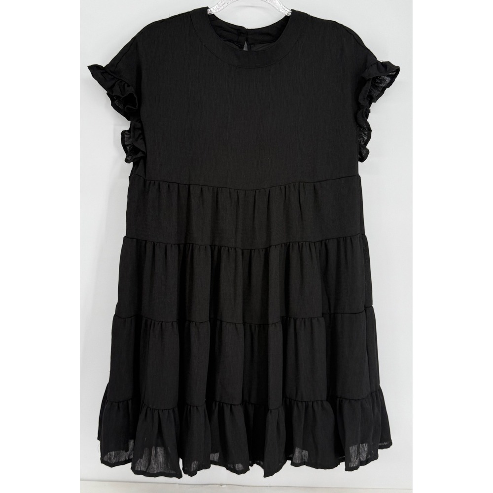 Joteisy Black Tiered Babydoll‎ Mini Dress Ruffle Cap Sleeve Sz S